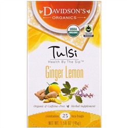 Davidson's Tea, Священный базилик, органический, имбирный лимонный чай, без кофеина, 25 чайных пакетиков, 1,58 унции (45 г)