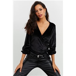 Cool & Sexy Kadın Siyah Kadife Kruvaze Bluz RX418