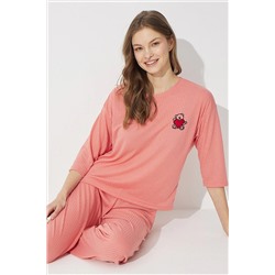 Siyah İnci Somon Soft Touch Ince Örme Nakışlı Pijama Takım 7626