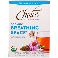 Choice Organic Teas, "Передышка", органический чай для дыхательных путей с эхинацеей, без кофеина, 16 чайных пакетиков, 90 унций (25,6 г)