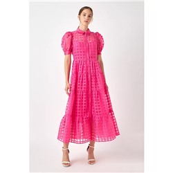 ENGLISH FACTORY Women's Gridded Organza Tiered Maxi Dress