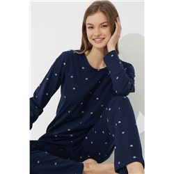 Siyah İnci Lacivert Puan Desen Pamuklu Pijama Takımı 7613