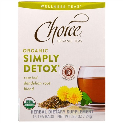 Choice Organic Teas, Organic, Simply Detox, Roasted Dandelion Root Blend, 16 Tea Bags, .85 oz (24 g)