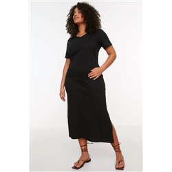 Trendyol Curve Siyah Örme Penye V Yaka Yırtmaçlı Elbise TBBSS22AH0163