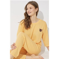Siyah İnci Sarı Soft Touch Ince Örme Nakışlı Pijama Takım 7626