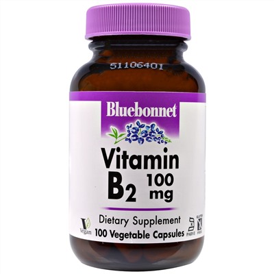 Bluebonnet Nutrition, Витамин B-2, 100 мг, 100 растительных капсул