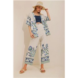 Trend Alaçatı Stili Kadın Krem-Mavi Keten Kimono Ceket Ve Rahat Kesim Pantolon İkili Takım ALC-X10419