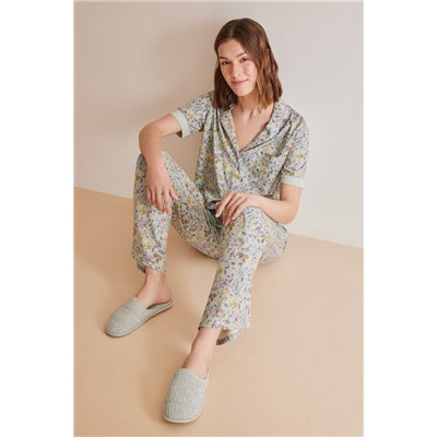 Pijama camisero manga corta flores verde
