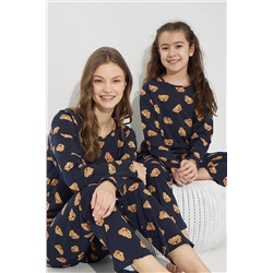 Siyah İnci Lacivert Ayıcık Desenli Pamuklu Pijama Takım 7586