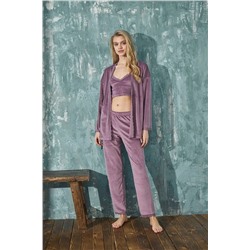 bie's Kadın Lila Crop Fransız Kadife Sabahlıklı Dantel Detaylı Bralet Pijama Takımı 3lü Set PRA-9378022-027128