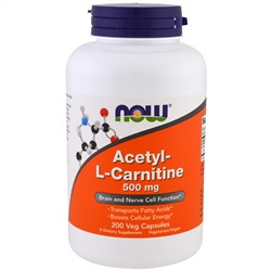 Now Foods, Ацетил-L-карнитин, 500 мг, 200 вегетарианских капсул