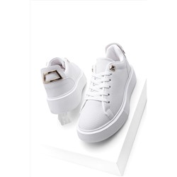 Marjin Kadın Sneaker Kalın Taban Altın Toka Detaylı Bağcıklı Spor Ayakkabı Rofke Beyaz 3210277243-1