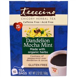Teeccino, Травяной чай с цикорием, со вкусом одуванчика, моккачино и мяты, без кофеина, 10 чайных пакетиков, 2,12 унции (60 г)