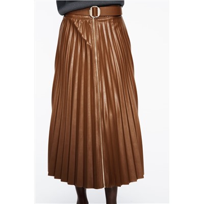PLEATED FAUX LEATHER MIDI SKIRT WITH BELT