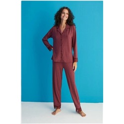 BIES Kadın Dantel Detaylı Gömlek Yaka Önden Düğme Yumoş Uzun Kol Pijama Takımı My