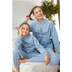 Siyah İnci Mavi Alt Üst Polar Nakışlı Kapişonlu Cepli Pijama Takım 22278304