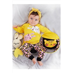 Denokids Leopar Kız Bebek Sarı T-shirt Pembe Tayt-Pantolon Takım CFF-22S1-177