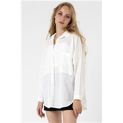 bb butik basic Kadın Beyaz Çift Cepli Salaş Keten Gömlek Oversize Kalıp Trend Keten Gömlek 136123