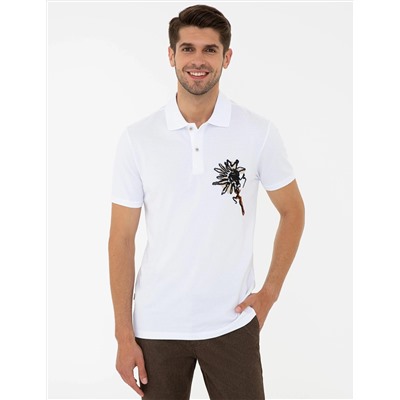 Beyaz Slim Fit Baskılı Polo Yaka Tişört