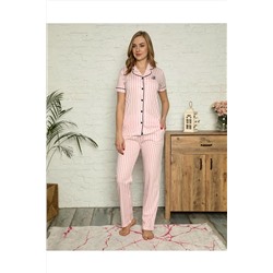 ALİMER Kadın Pembe Beyaz Çizgili Pamuk Gömlek Yaka Önden Düğmeli Kısa Kol Pijama Takımı - Hamile Pijaması TYC00396414177