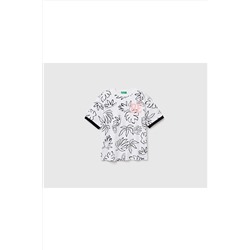 United Colors of BenettonErkek Çocuk Beyaz Mix Yaprak Desenli Etiket Logolu T-shirt Bej Mix