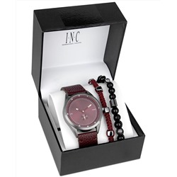 INC International Concepts Men's Burgundy Strap Watch 43mm & Bracelets Set, Created for Macy's