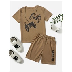 SHEIN Jungen T-Shirt Mit Gamepad Muster & Shorts Mit Buchstaben Grafik