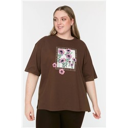 Trendyol Curve Kahverengi Örme Baskılı Örme T-Shirt TBBSS22TS1659
