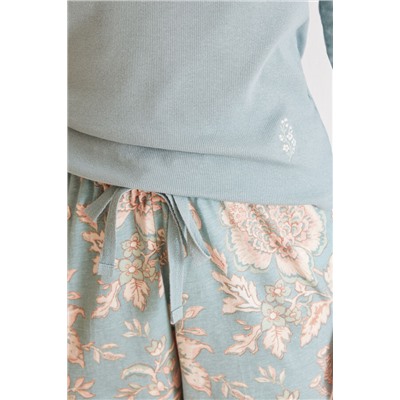 Pijama largo algodón azul flores