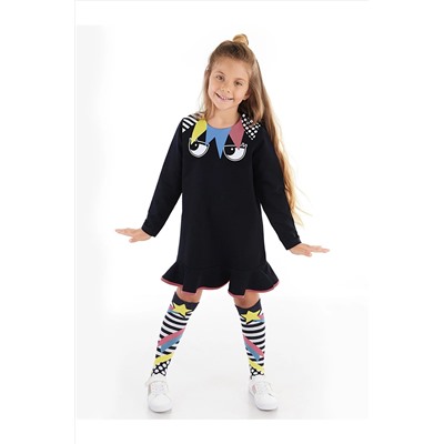 Mushi Perçem Fırfırlı Lacivert Kız Çocuk Elbise + Dizaltı Çorap MS-21S1-004