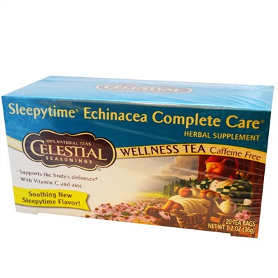 Celestial Seasonings, Wellness Tea, Эхинацея перед сном, полная забота, без кофеина 20 чайных пакетиков, 1.2 унции (36 г)