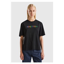 United Colors of Benetton Kadın Mix %100 Koton Benetton Yazılı Rahat Kalıp T-Shirt Siyah-Renkli Yazı 123A3BL0D104E