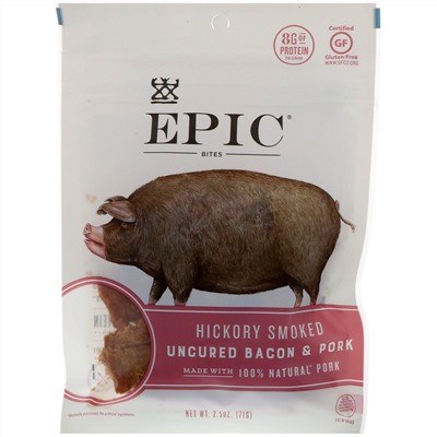 Epic Bar, Bites, Uncured Bacon & Pork, Hickory Smoked, 2.5 oz (71 g)