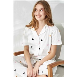 Siyah İnci Beyaz Renkli Kalp Desenli Düğmeli Örme Pamuklu Pijama Takımı 7668