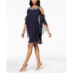 XSCAPE Petite Embellished Cold-Shoulder Overlay Dress
