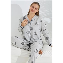 Siyah İnci gri çiçek desen Curve Büyük Beden Battal boy Düğmeli Biyeli Pamuklu Pijama Takımı 7687