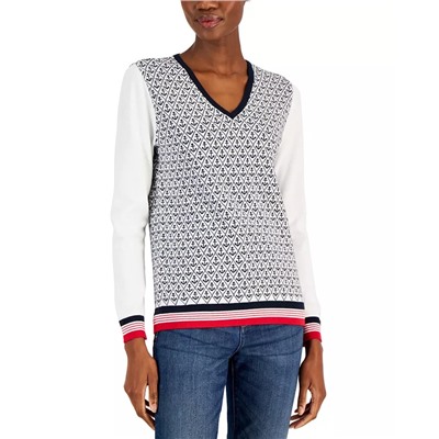 TOMMY HILFIGER Women's Anchor Print Cotton V-Neck Sweater