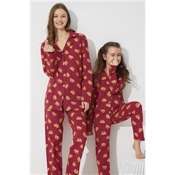 Siyah İnci Bordo Ayıcık Desenli Pamuklu Düğmeli Pijama Takım 7588