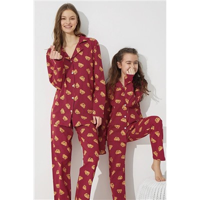 Siyah İnci Bordo Ayıcık Desenli Pamuklu Düğmeli Pijama Takım 7588