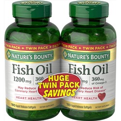 Nature's Bounty Fish Oil 1200 mg Twin Packs, 180-Count per bottle (360 Total Count) Rapid Release Liquid Softgels
