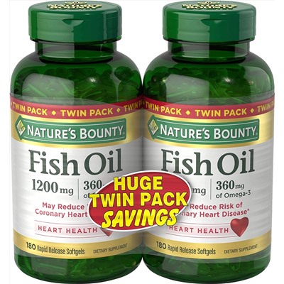 Nature's Bounty Fish Oil 1200 mg Twin Packs, 180-Count per bottle (360 Total Count) Rapid Release Liquid Softgels