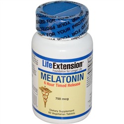 Life Extension, Мелатонин, 6-часовое высвобождение, 750 мкг, 60 растительных таблеток