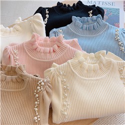 Трикотажная одежда для девочек 2023 года, осенний новый стиль, детский свитер принцессы с пышными рукавами и бисером