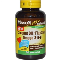 Mason Naturals, Кокосовое / Льняное масло, Омега 3-6-9, 60 мягких желейных капсул