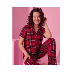 bie's Kadın Ekose Kırmızı Bambu Önden Düğme Gömlek Yaka Viskon Kısa Kol Pijama Takımı G23KY