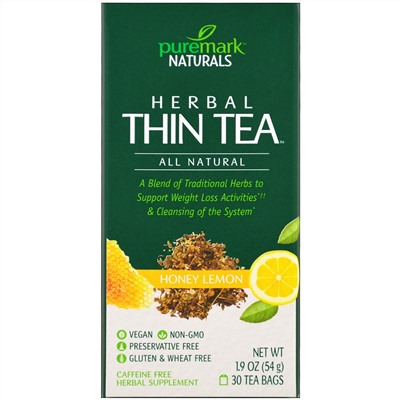 PureMark Naturals, Травяной чай для похудения, мед и лимон, 30 чайных пакетиков, 1,9 унции (54 г)