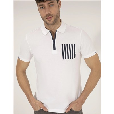 Beyaz Slim Fit Fermuarlı Polo Yaka Tişört