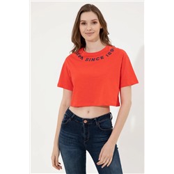Kadın Kırmızı Bisiklet Yaka Crop Tişört