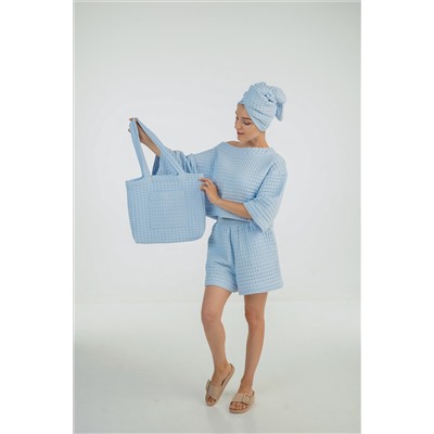 Костюм домашний 48-50 размер,чалма и сумка голубой цвет из вафельного полотна-КОМПЛЕКТ