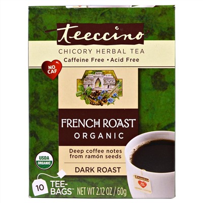 Teeccino, Органический травяной чай из цикория, французской сильной обжарки, без кофеина, 10 чайных пакетиков, 60 г (2,12 унции)